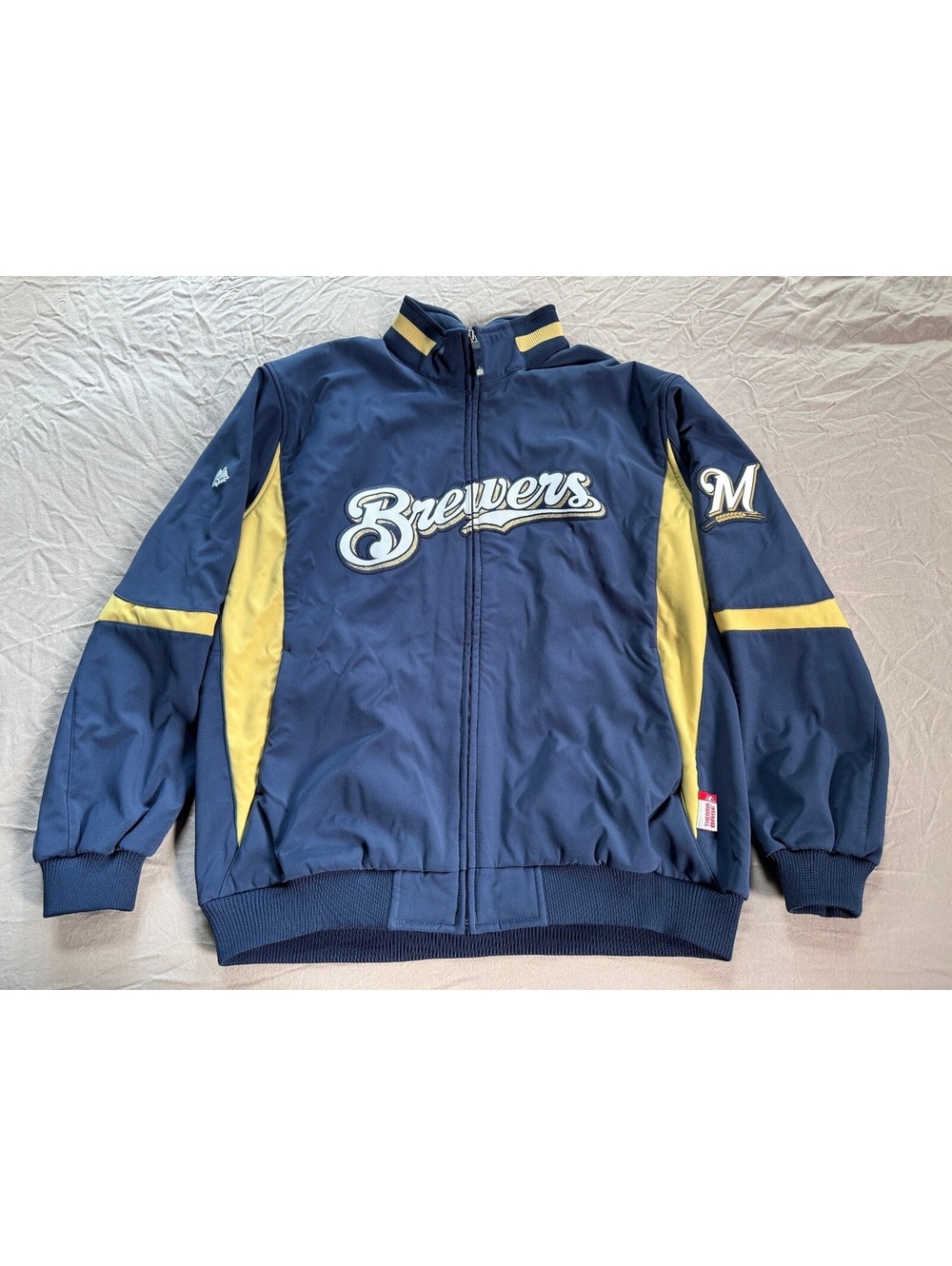NEW Majestic Milwaukee Brewers MLB On-Field Therma Base Jacket Navy Gold 2XL